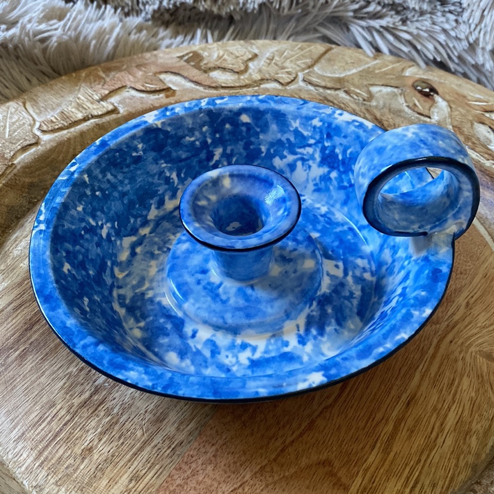 HAND PAINTED STANGL BLUE TOWN & COUNTRY SPONGEWARE CANDLE HOLDER EUC - Picture 2 of 6